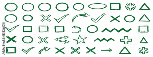 Hand-drawn green check mark, cross circle, triangle, square, star, asterisk, arrow, plus zig-zag sketch elements doodle set isolated on transparent.