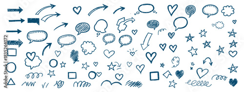 Set of Hand-Drawn Doodle Elements Vector Collection with Arrows, Hearts, Stars, Speech Bubbles, and Geometric Shapes Isolated.