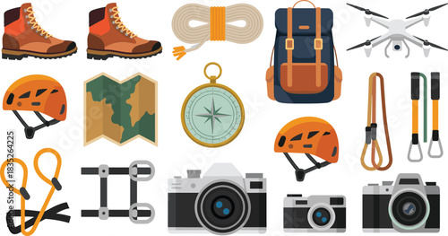 Flat design outdoor adventure gear illustration set featuring hiking boots, backpack, helmet, compass, map, ropes, drone, cameras, essential travel equipment