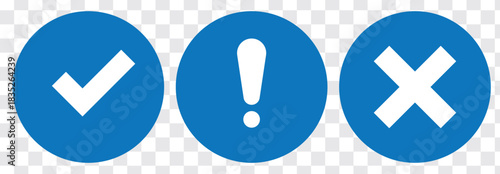 A simple set of vector notification icons for user interface design, featuring a green checkmark for success, a yellow exclamation point for a warning, and a red X for failure