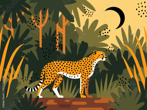Stylized nighttime jungle illustration featuring a majestic cheetah under a crescent moon, depicting African wildlife in a vibrant, flat vector art style suitable for various design projects