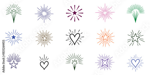 Set of various fireworks with stars and hearts for graphic design on a transparent background vector illustration, and an icon set. 
