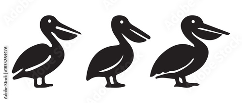 Simple black pelican bird silhouettes standing in a row.