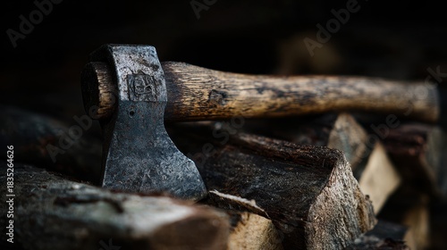 Wallpaper Mural Close-Up Axe Resting On A Pile Of Chopped Firewood in Rustic Setting Torontodigital.ca