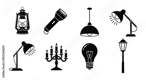 A collection of various light sources in a black and white style