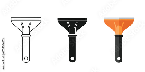 Three Ice Scrapers For Car Windshield in outline, solid black, and color flat design style