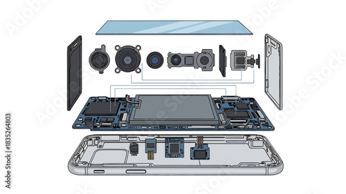 Exploded smartphone illustration showing battery, motherboard, display, camera lens group, sensors and frame in a clean technical vector style.