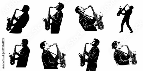Black and White Vector Silhouettes of Jazz Musicians Playing the Saxophone.