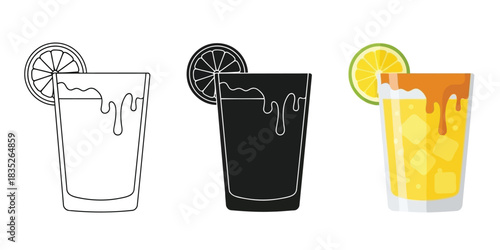 Three Tall Glass with a beverage, ice, and a lime slice garnish, including outline, silhouette, and color versions