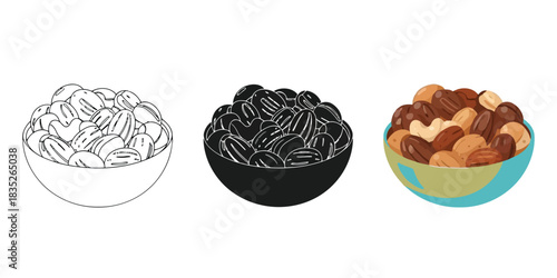 Three Bowls Filled With Mixed Nuts and dried fruit in outline, silhouette, and color vector illustration styles