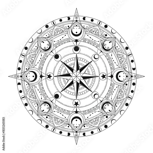 Celestial Compass Mystical Star with Moon Phases Illustration