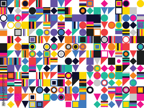 Maximalist Abstract Vector Pattern Background of Colorful Retro Geometric Shapes and Squares