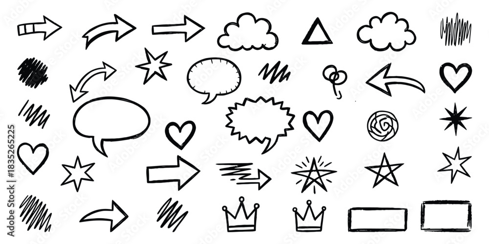 Fototapeta premium Doodle element set with arrows, stars, clouds, heart, speech bubbles, crown on a transparent background, simple vector design illustration. 