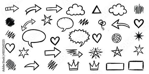 Doodle element set with arrows, stars, clouds, heart, speech bubbles, crown on a transparent background, simple vector design illustration. 