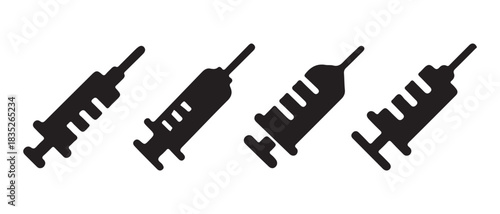 Four black medical syringe icons with clear measurement markings.