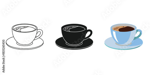 Three Coffee Cup icons showing outline, silhouette, and colored illustration of hot beverage on saucer