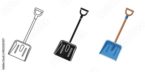 Three Snow Shovel icons in outline, solid black, and colored blue style