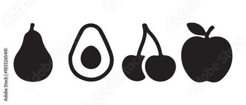 Collection of minimalist fruit icons pear, avocado, cherry, apple.