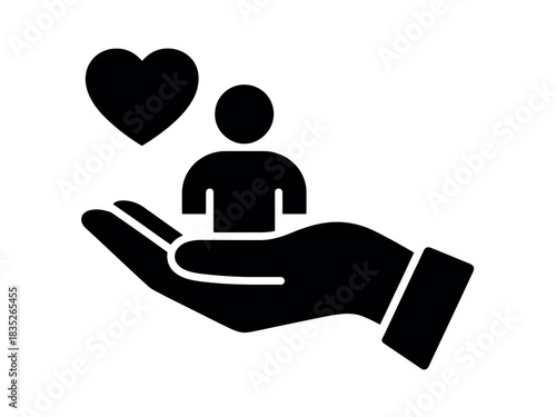 A hand gently holds a silhouette of a person with a heart symbol above, representing care and support.