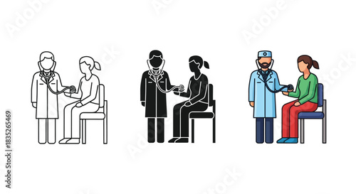 Set of three icons illustrating a doctor checking a patients blood pressure with a stethoscope