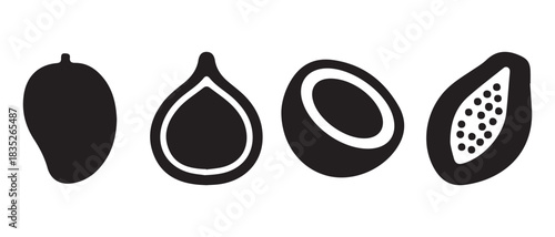 Tropical and exotic fruits icon set mango, fig, coconut, papaya.