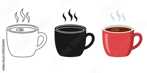 Three Steaming Hot Beverage Mugs in different styles outline, solid black, and colored red