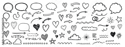 Set of hand-drawn sketch doodle arrows, speech bubbles, hearts, stars, clouds, and other cute vector elements isolated illustration.
