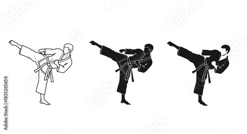 Set of three karate side kick illustrations showing line art, silhouette and original color versions