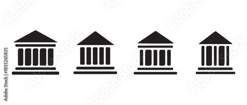 Four identical bank building icons representing finance and law.