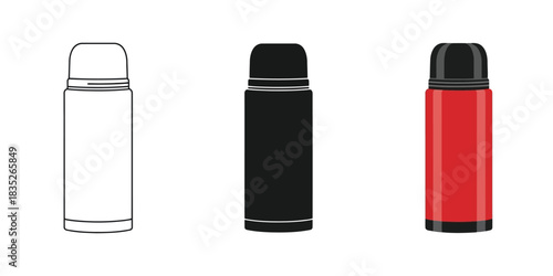 Three Portable Thermos Flask in outline, solid black silhouette, and red color