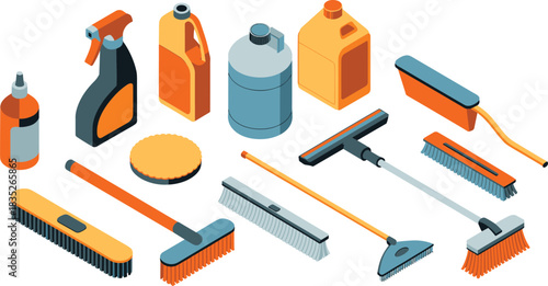 Isometric cleaning supplies illustration featuring brushes, mops, spray bottles, detergent containers, scrubbing tools, household cleaning equipment set for sanitation tasks