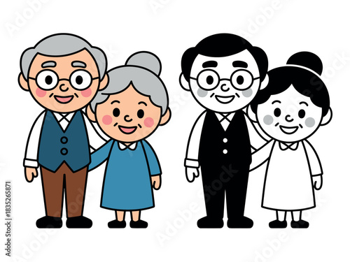 A friendly illustration depicting two elderly couples, one in full color and the other in black and white, representing love and companionship through generations.