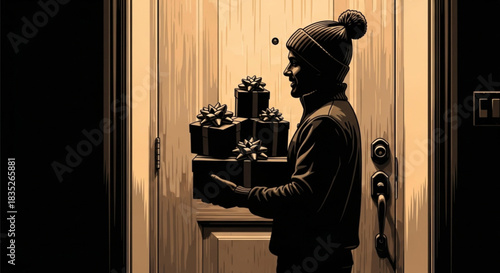 Silhouette of a person in a winter hat holding a stack of gifts at a door.