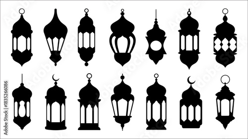  Elegant black Islamic Ramadan lantern silhouettes featuring diverse traditional designs and crescent moon details