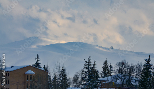 snow covered Gndevaz peak in Vardenis mountains scenic view from Jermuk valley (Vayots Dzor, Armenia)