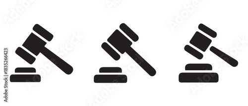 Black gavel icons illustrating law, justice, and auction decisions.