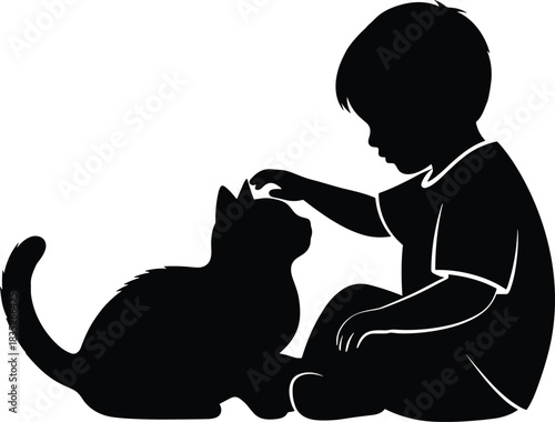 Child and cat interaction silhouette illustration, pet affection and companionship moment, kindness and bonding concept vector, black and white graphic