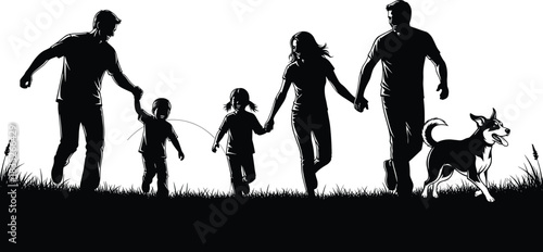 Walking family with dog silhouette illustration, outdoor togetherness and bonding moment, companionship concept vector, black and white graphic