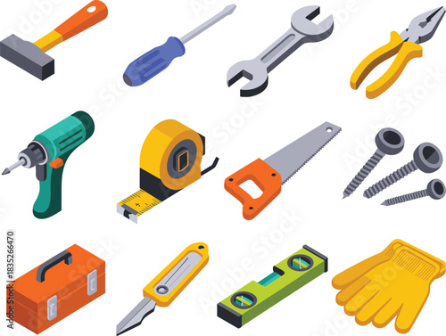 Isometric construction tool set featuring hammer, screwdriver, wrench, pliers, drill, tape measure, saw, screws, toolbox, cutter and safety gloves