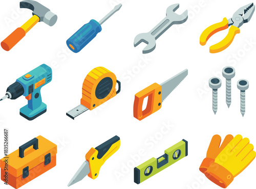 Isometric construction tool set featuring hammer, screwdriver, wrench, pliers, drill, tape measure, saw, screws, toolbox, cutter and safety gloves