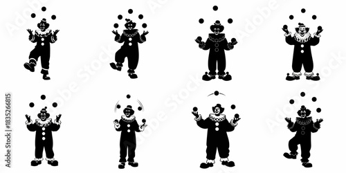 Black silhouette vector set of classic circus clowns juggling three or five balls, isolated on white for carnival or entertainment design.