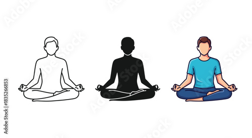 Set of three male figures meditating in lotus position, outline, silhouette and full color illustration