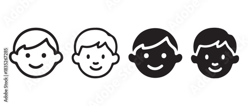 Smiling boy faces set outline and filled happy male kid avatars.