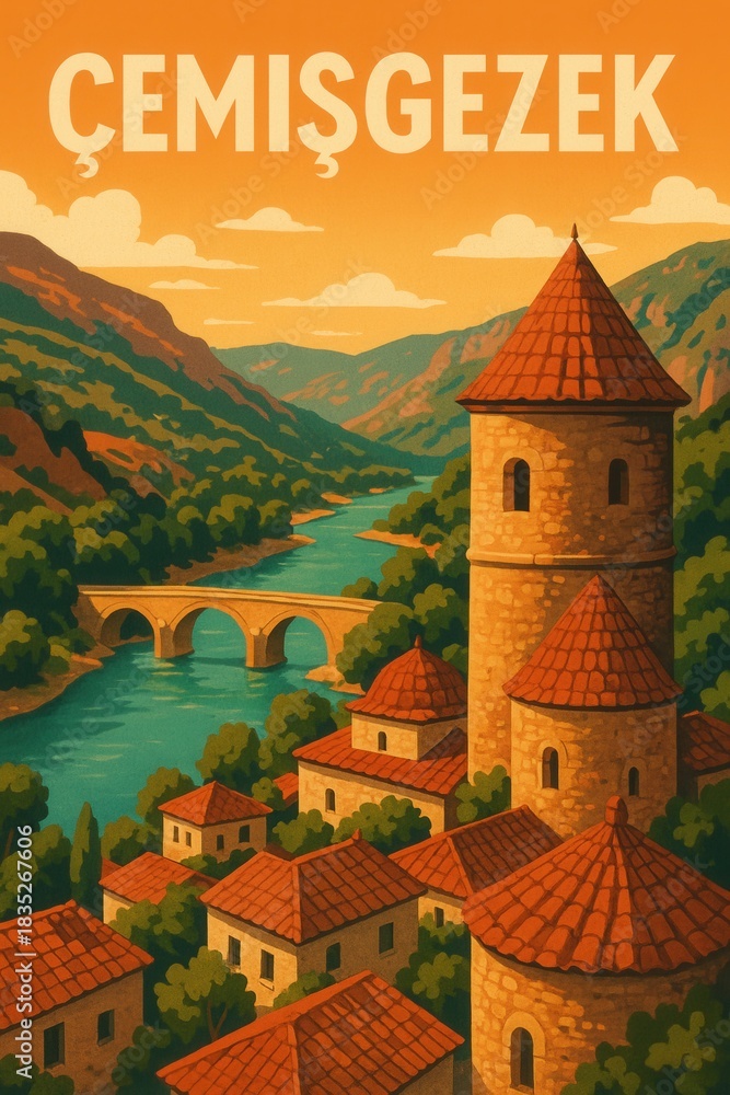 Naklejka premium Çemişgezek Turkey Retro Travel Poster - Historical Bridge and Architecture