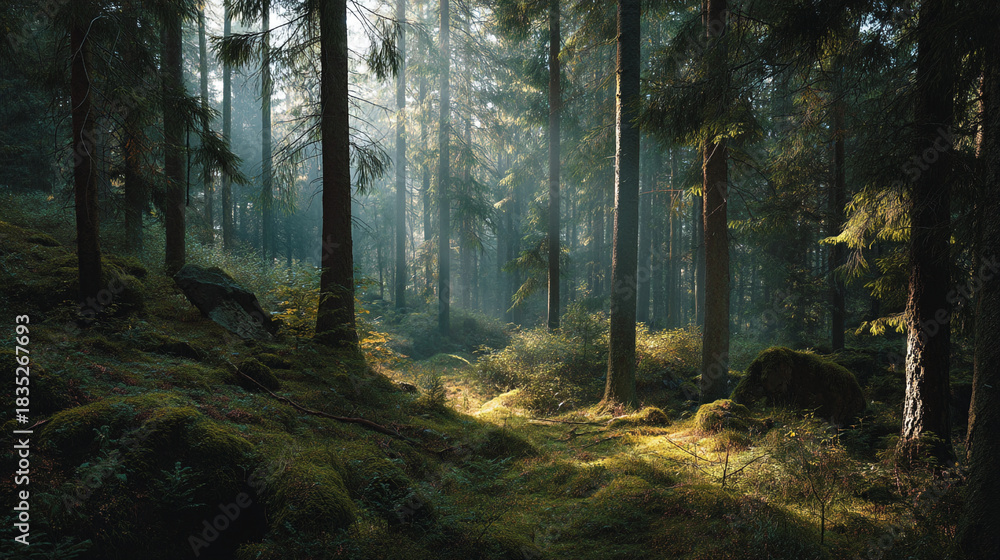 Obraz premium A forest scene with sunlight filtering through the trees creating a mystical atmosphere and mossy ground