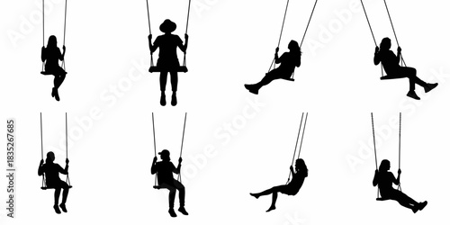 Eight black silhouettes of young women and girls swinging on swings, isolated on a white background.