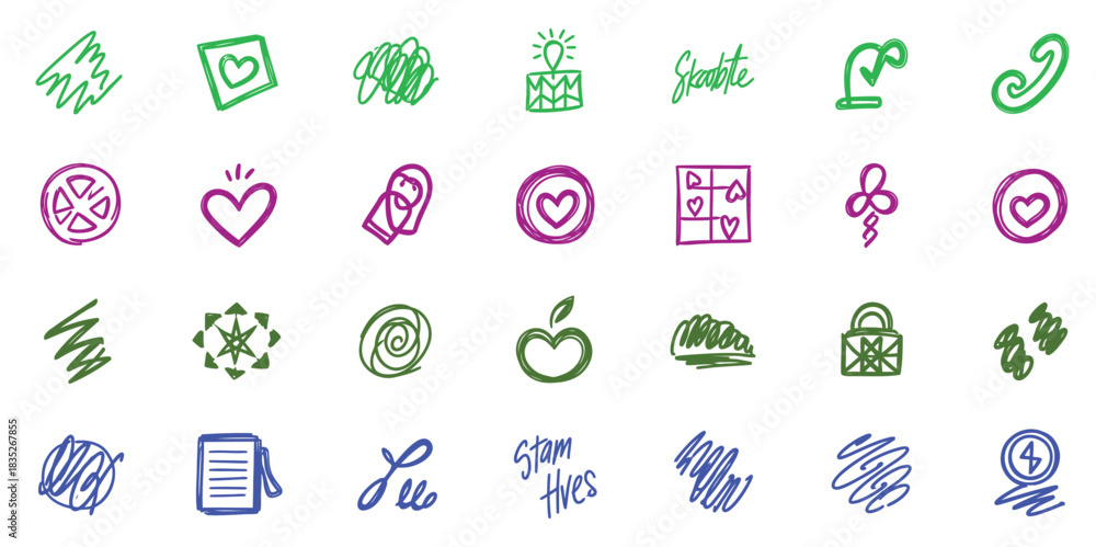 Naklejka premium Hand-drawn doodle design elements set scribble shapes heart diamond note flower apple lock rainbow scribbles symbols isolated on transparent background.