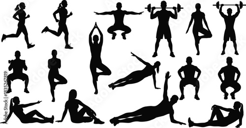 Silhouettes of men and women performing various fitness exercises, running, yoga poses, weightlifting, stretching, squats, and core workout activities
