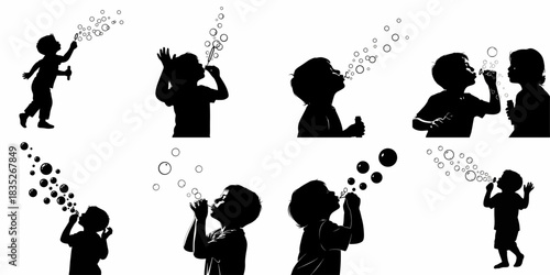 Black Silhouettes of Children Blowing Soap Bubbles: A Set of Vector Illustrations Depicting Joyful Kids Playing with Bubbles Outdoors.