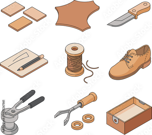 Isometric leathercraft tools and materials set featuring leather pieces, knife, thread spool, awl, punch tool, shoe model and crafting accessories